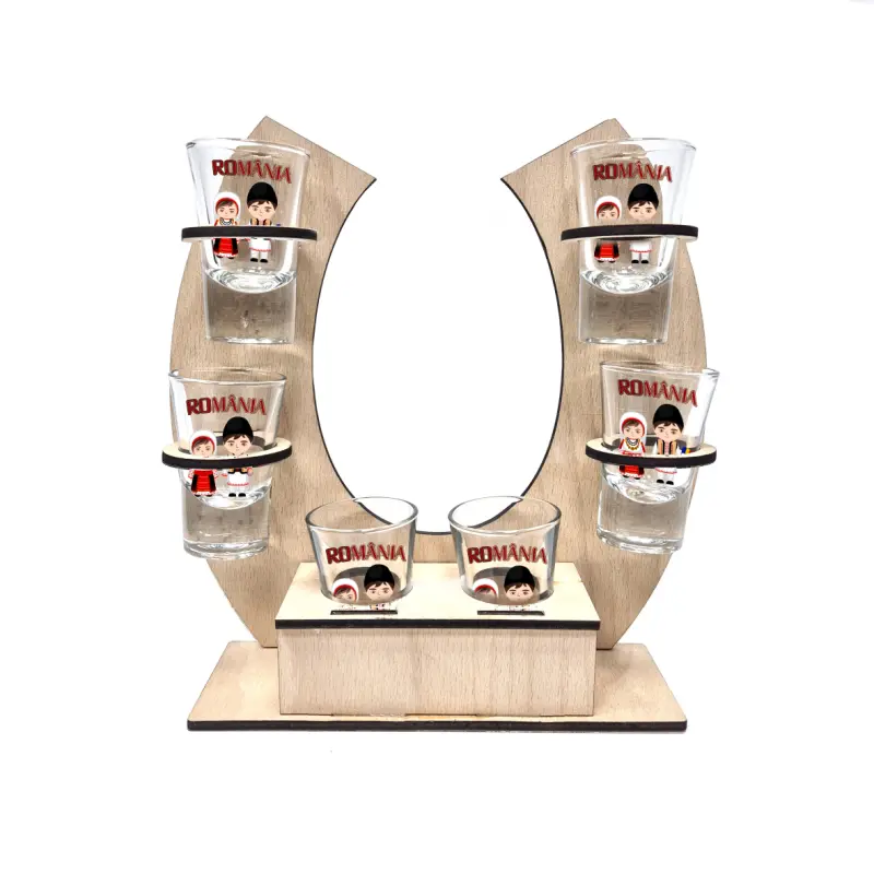 Copii port popular romania, suport potcoava din lemn cu 6 pahare tip shout, model hgs47